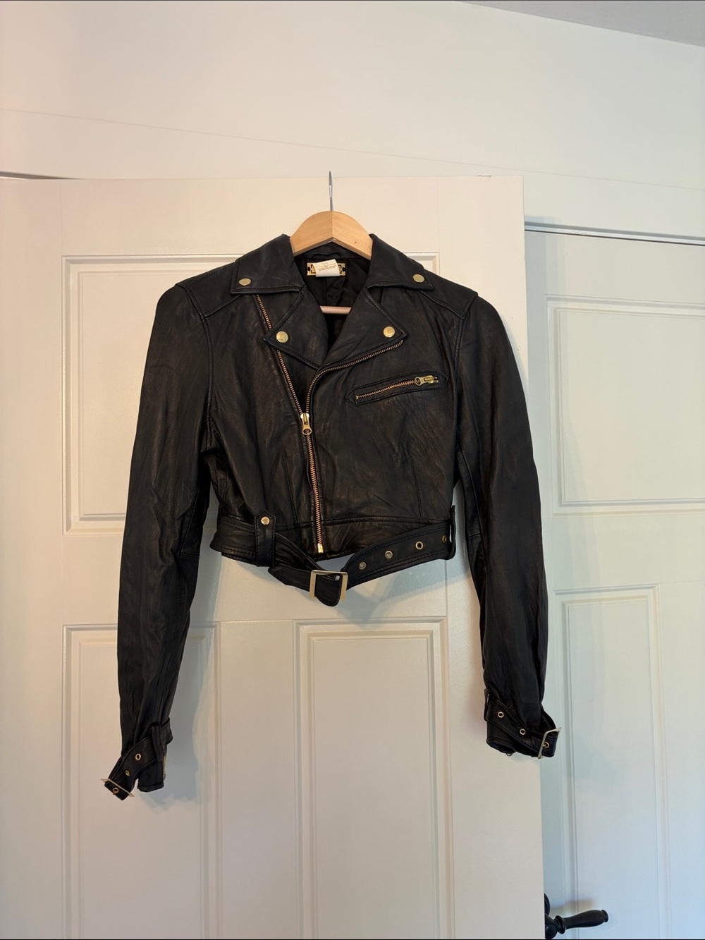 Marciano Black Cropped Leather Moto Jacket with Belt